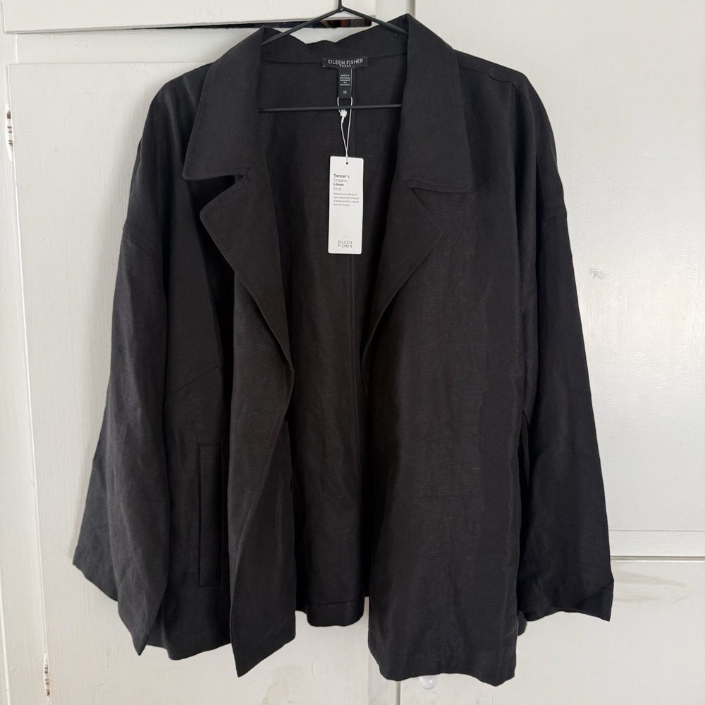 Eileen Fisher Double Breasted Open Jacket 2X Black Organic Linen Boxy Relaxed